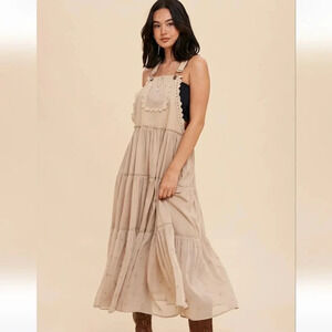 New Khaki Embroidered Skirtall Overall Jumper Midi Dress